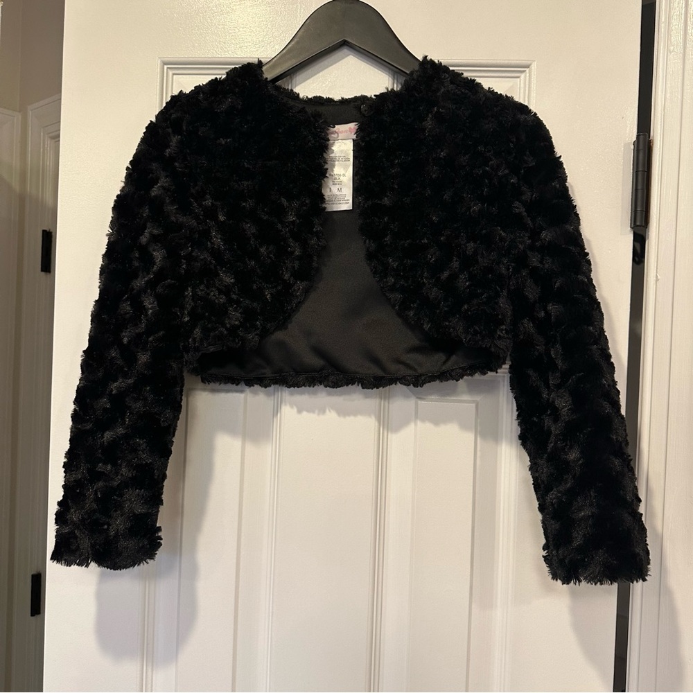 Bonnie Jean faux fur shawl sweater cardigan bolero black girls size medium m